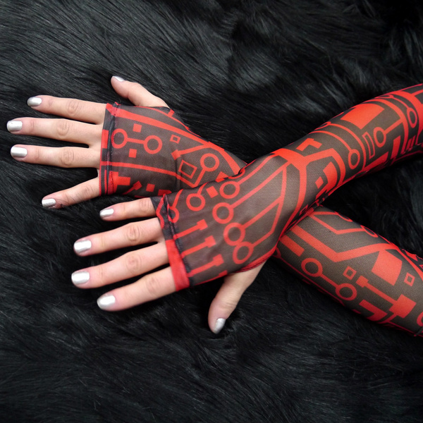 Mitenki Rękawiczki damskie bez palców z tiulu wieczorowo imprezowe Integrated Circuit Red Anunnaki