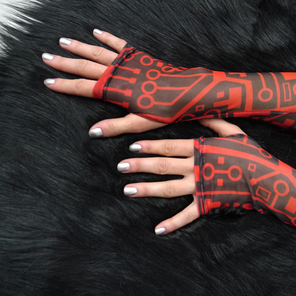 Mitenki Rękawiczki damskie bez palców z tiulu wieczorowo imprezowe Integrated Circuit Red Anunnaki