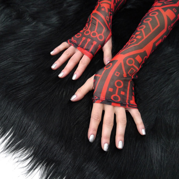 Fäustlinge Fingerlose Tüll-Handschuhe für Damen für die Abendgesellschaft Integrated Circuit Red 